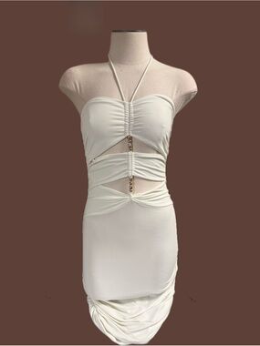 Symphony White Halter Cutout Midi Dress with Chain Detail